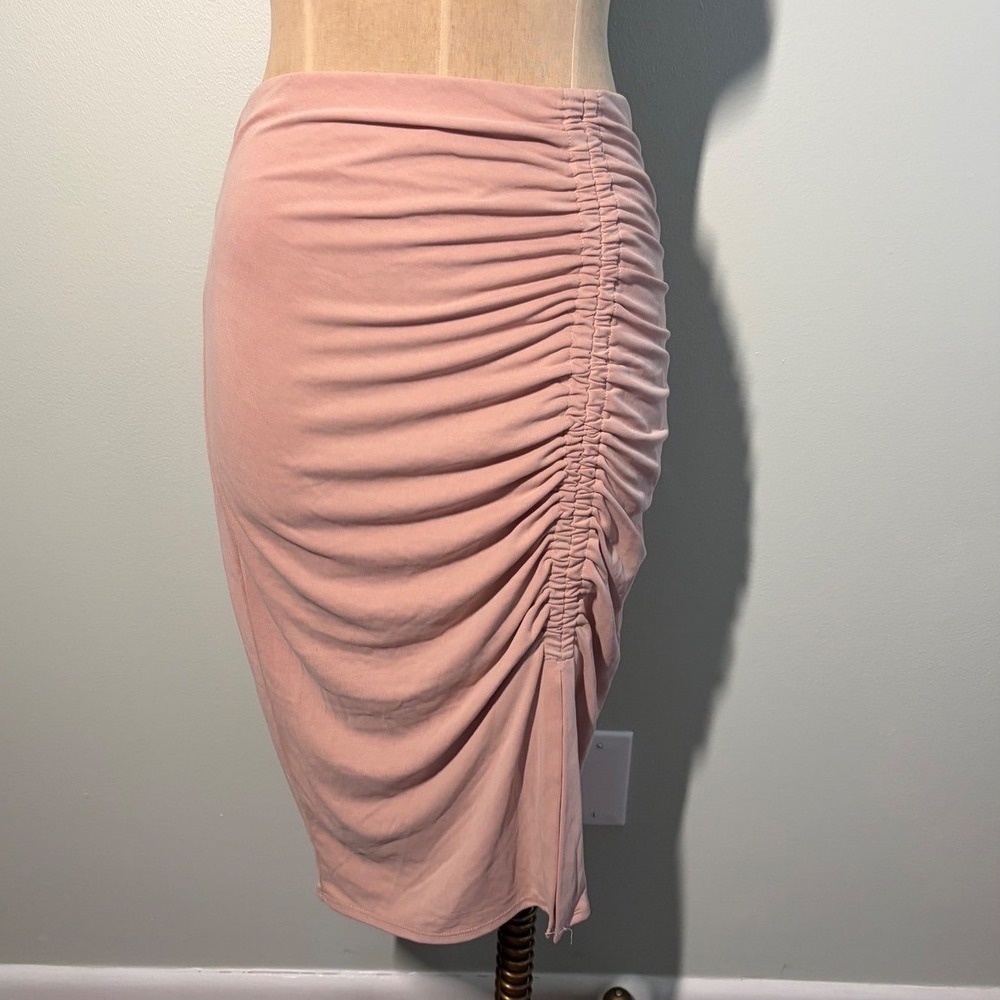 Express Ruched Side bandage Midi Skirt Blush Pink Bodycon Slit Small NEW